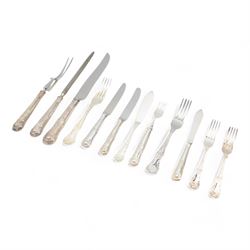 Set of King's pattern silver plated table cutlery comprising eight soup spoons, nine table forks, nine dessert forks,  ten table knives, ten cheese knives, three table spoons, carving set and a quantity of fish cutlery