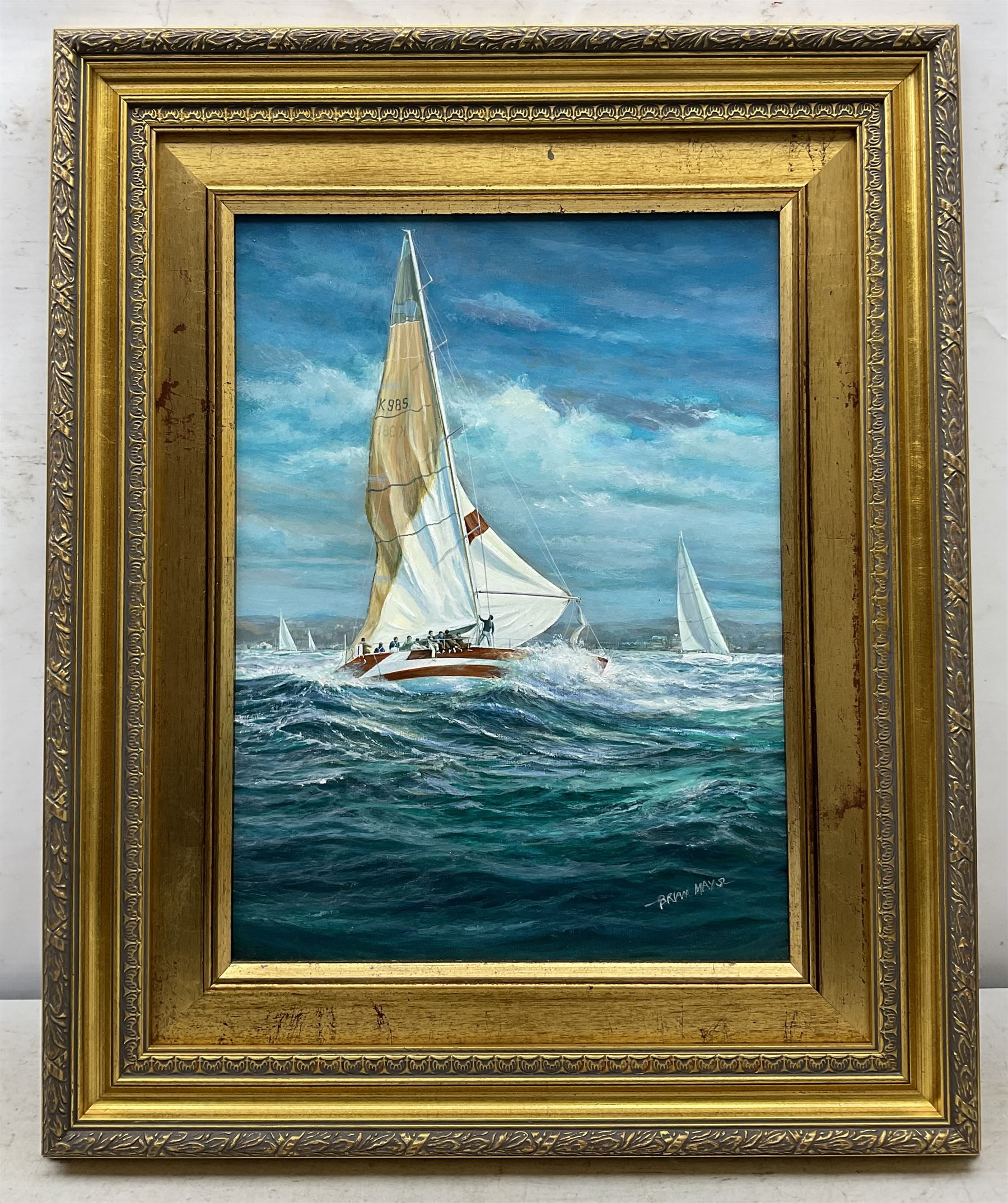 Brian Mays (British 1938-2005): 'Marionette IX at the Point of Losing her Mast - Cowes Week 1986', oil on board signed, titled verso 39cm x 29cm 
Provenance: direct from the family of the artist.