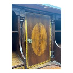 Georgian design mahogany bureau, moulded fall front with central floral inlays and satinwood band, fitted with four graduating drawers enclosed by ring turned pillars, on ogee bracket feet 