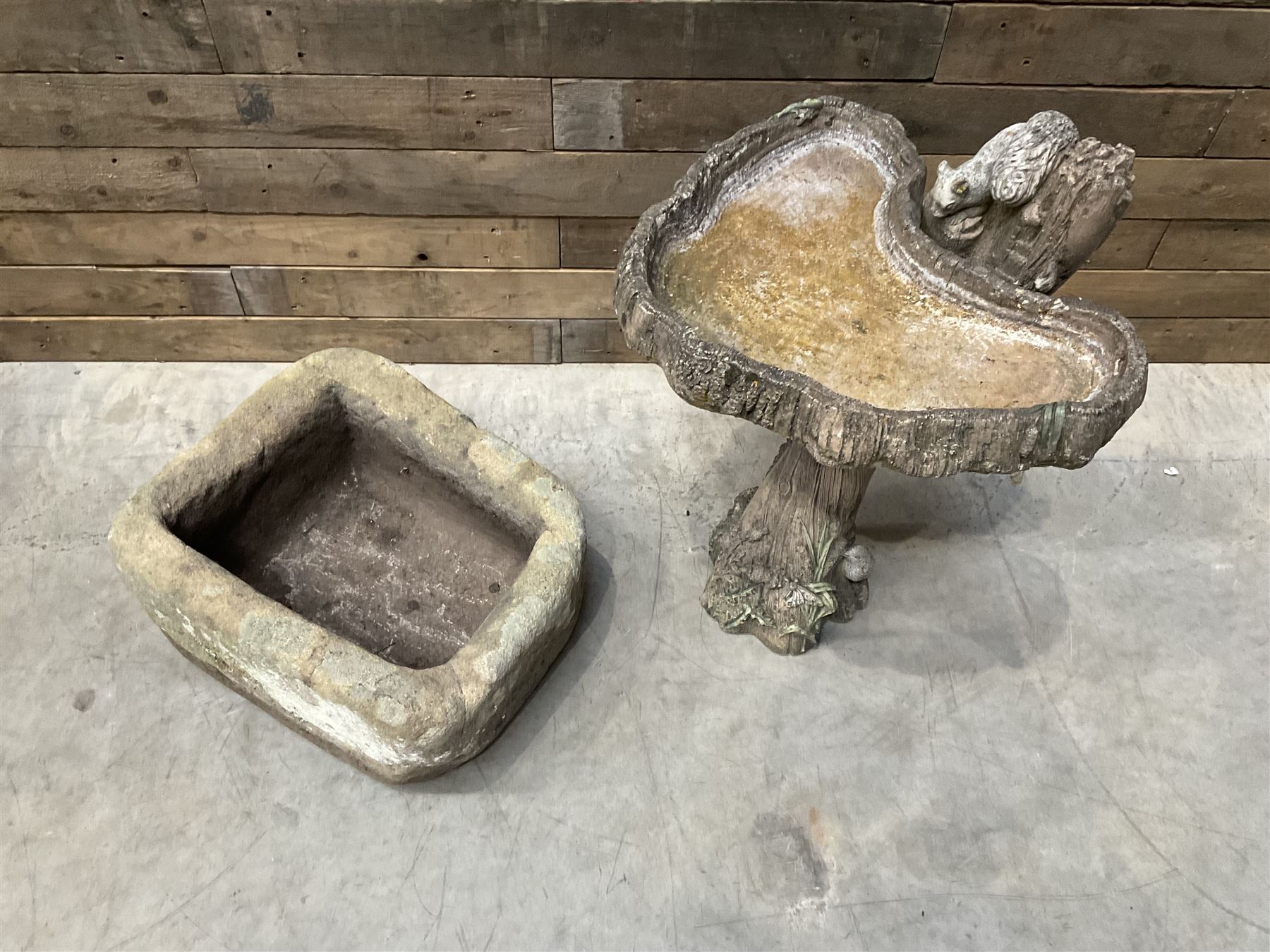 Small 19th century square stone trough and a cast stone bird bath