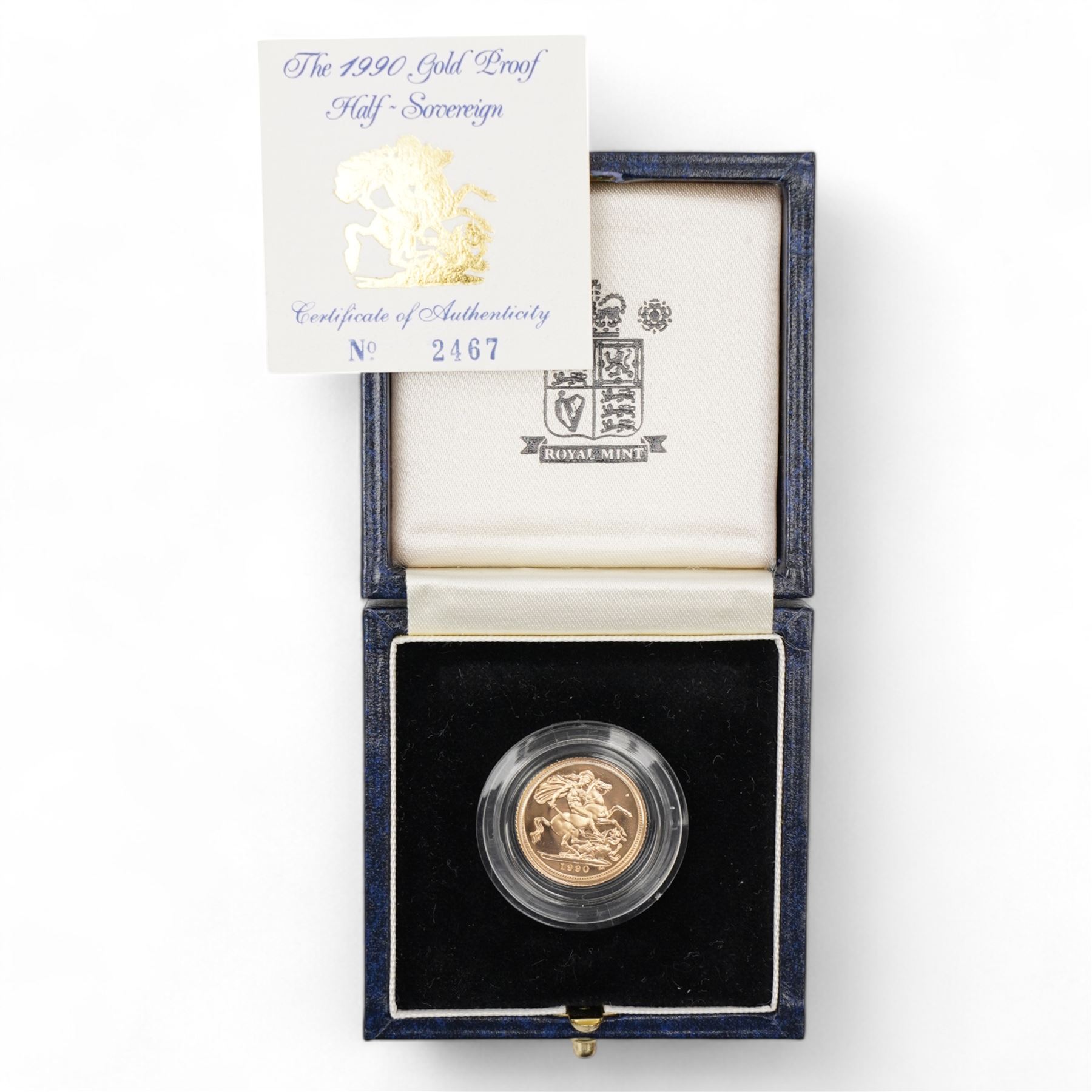 Queen Elizabeth II 1990 gold proof half sovereign coin, cased with certificate