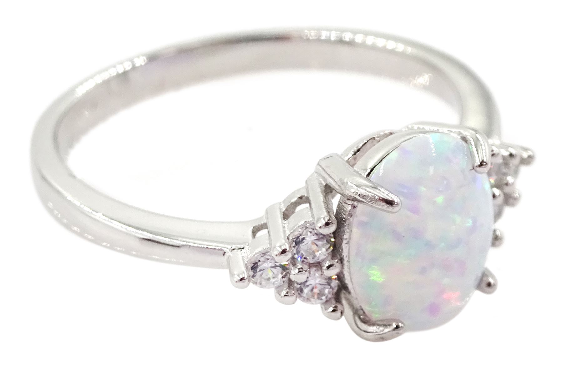 Silver opal and cubic zirconia cluster ring, stamped 925