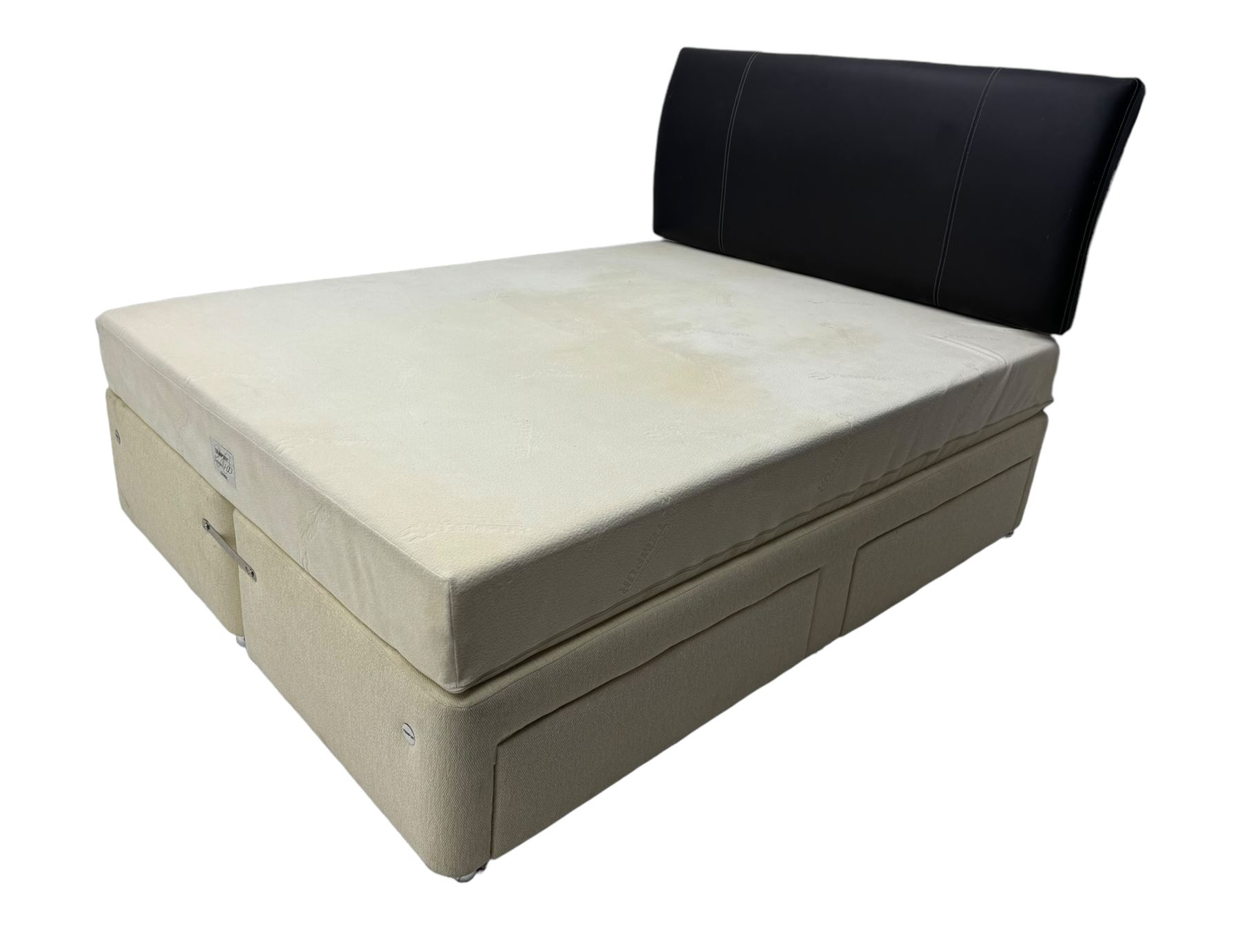 Contemporary king size 5' Tempur divan bed, black leather upholstered headboard, beige fabric divan base with four drawers; Tempur 'Combi HD' mattress with removable cover (200 x 150 x 20cm)