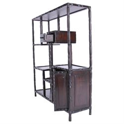 Chinese hardwood multi tier scholars display stand, with built in cabinet and draw, H48cm 