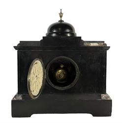 J.W. Benson of London -  8-day Belgium slate mantle clock c1880, stepped top with a central dome and brass finial, break front case with reeded columns and capitals, on a broad plinth with variegated marble and incised gilt decoration, conforming slate dial with contrasting gilt Roman numerals and brass hands, twin train striking movement, striking the hours and half-hours on a bell. With pendulum.