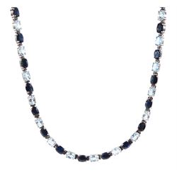 Silver oval sapphire and blue topaz link necklace, stamped 925