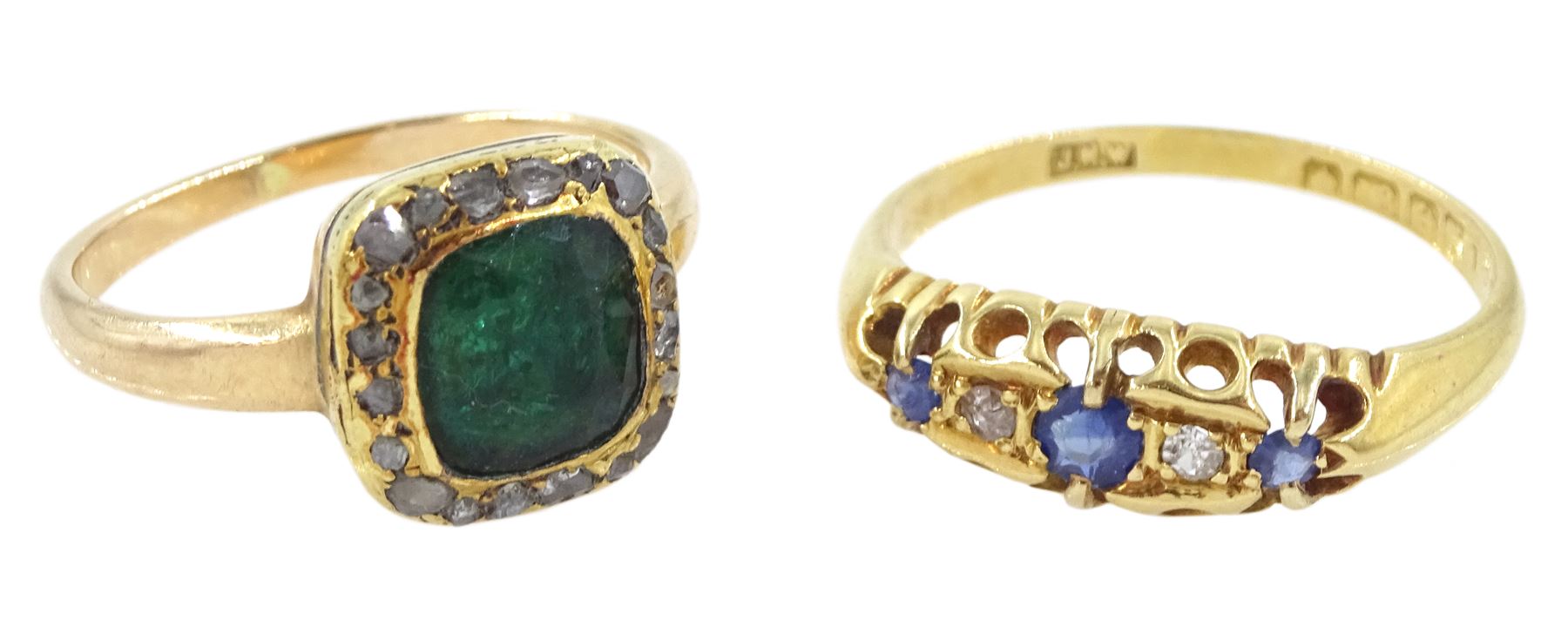 19th century 15ct gold cushion cut green stone and diamond ring and an Edwardian 18ct gold five stone sapphire and diamond ring, Birmingham 1907