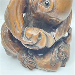 Chinese root carving, modelled as a large monkey family, with inset eyes, H25cm