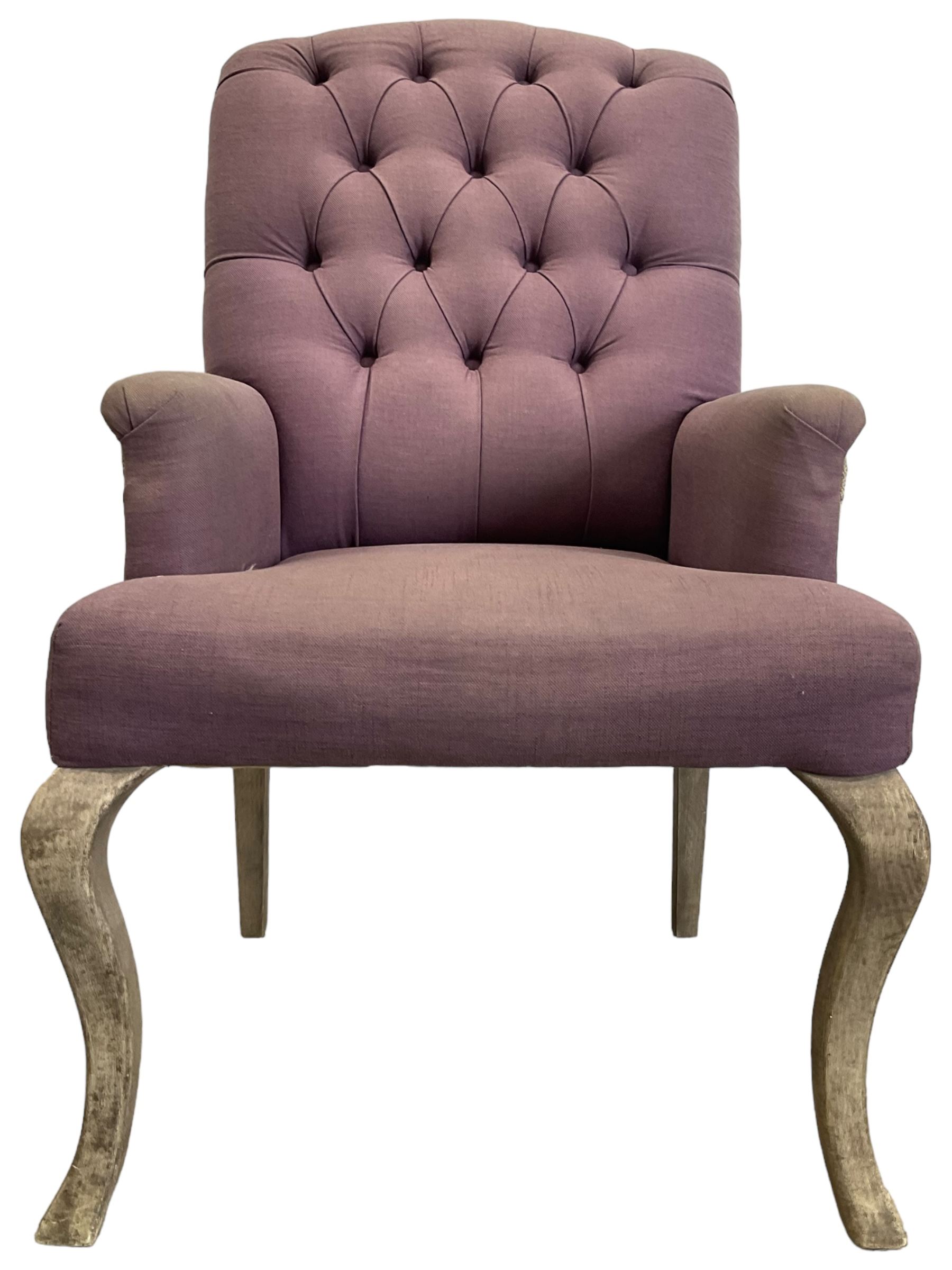 Voyage - four high back armchairs upholstered in buttoned lilac and tweed fabric, painted cabriole legs