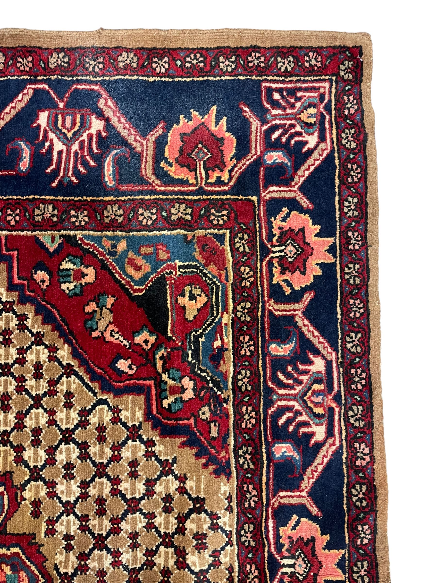 North West Persian Bidjar rug, large floral design shaped pole medallion on a brown field decorated with lattice pattern, the border decorated with trailing branch and stylised plant motifs