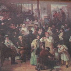 Transfer print on porcelain tile decorated with a market scene, signed lower right and stamped Vienna verso, set in a heavy gilt frame, H41cm, L54cm