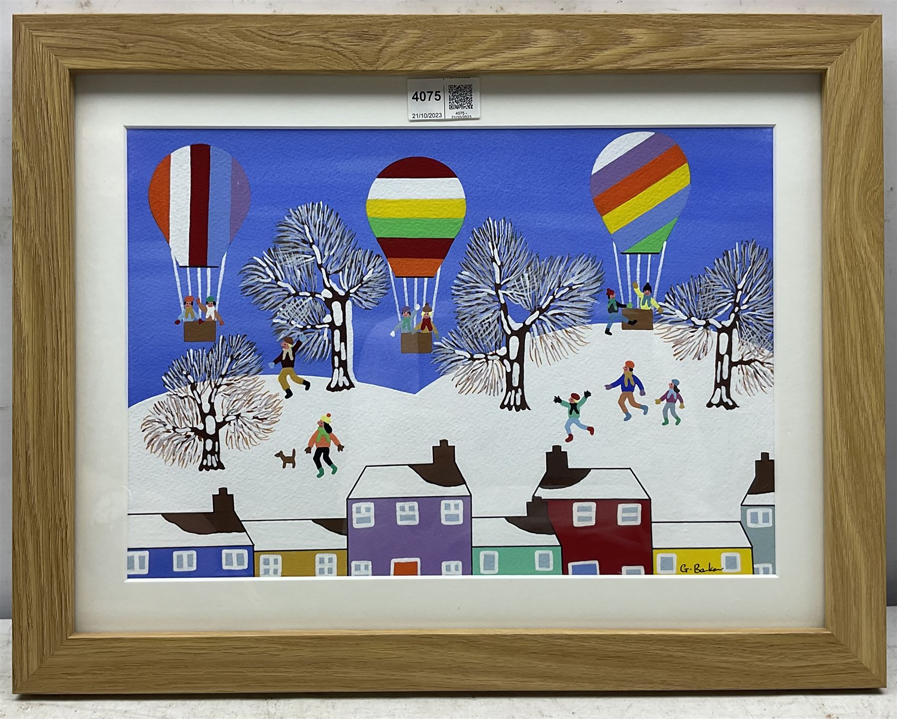 Gordon Barker (British 1960-): Hot Air Balloons in Winter, acrylic on paper signed 24cm x 34cm