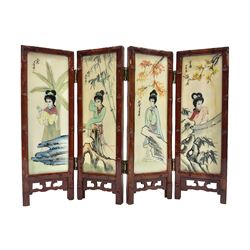 Chinese tabletop four-fold screen, painted with birds upon flowering branches, H22cm
