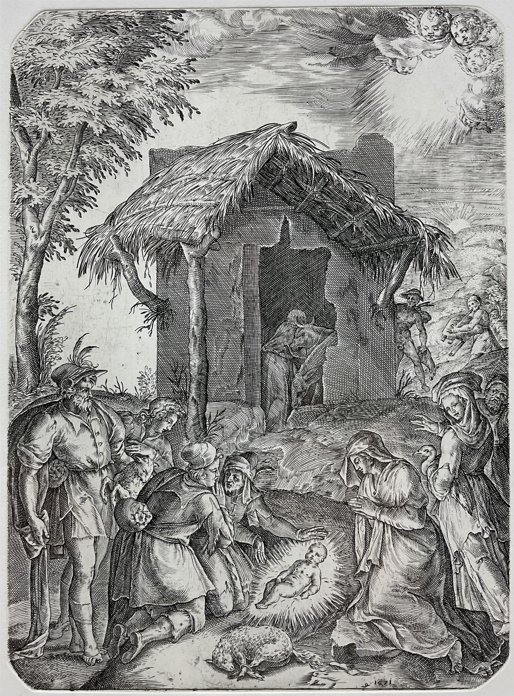 Alberti Cherubino (Italian 1533-1615): 'Adorazuine Dei Pastori' - Adoration of the Shepherds, restrike etching dated 1571 in the plate 27cm x 20cm