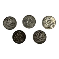 Five Queen Victoria silver crown coins, dated two 1893, 1894 and two 1896