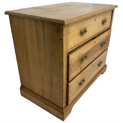 Early 20th century waxed pine chest, fitted with three drawers, raised on bracket feet