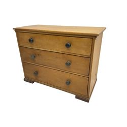 Victorian pine chest, fitted with three drawers with turned ebonised handles 