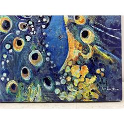 Ann Lamb (British 1955-): Peacock, mixed media on canvas signed 46cm x 38cm (unframed)