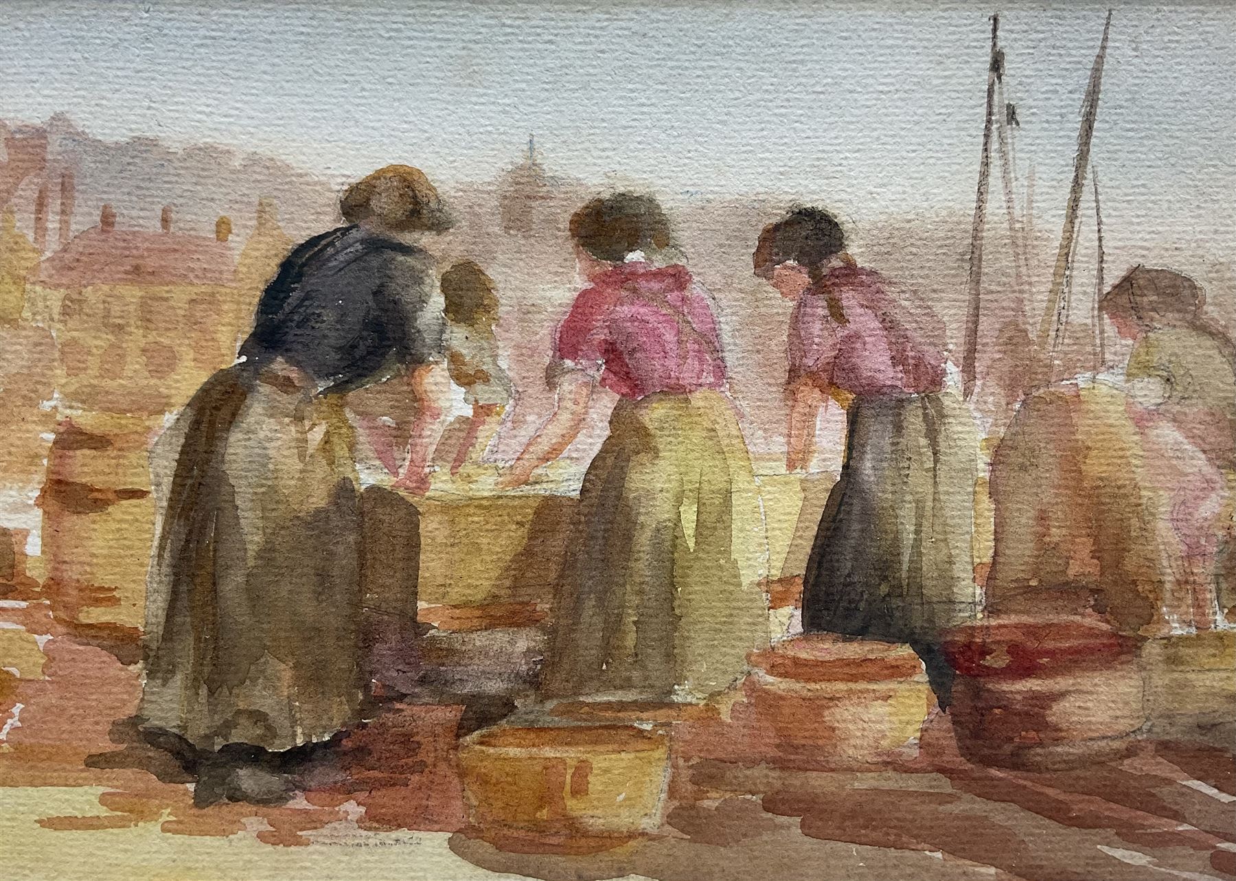 Frank Henry Mason (Staithes Group 1875-1965): Scotch Fishergirls Sorting the Catch on the 'Fish Quay - Scarborough', watercolour, signed and titled verso (within the frame) 14cm x 20cm