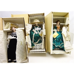  Five Franklin Heirloom dolls by Franklin Mint including Victorian Bride, Madame De Pompadour, The Victorian Christening Doll and two others, all as new in original boxes  