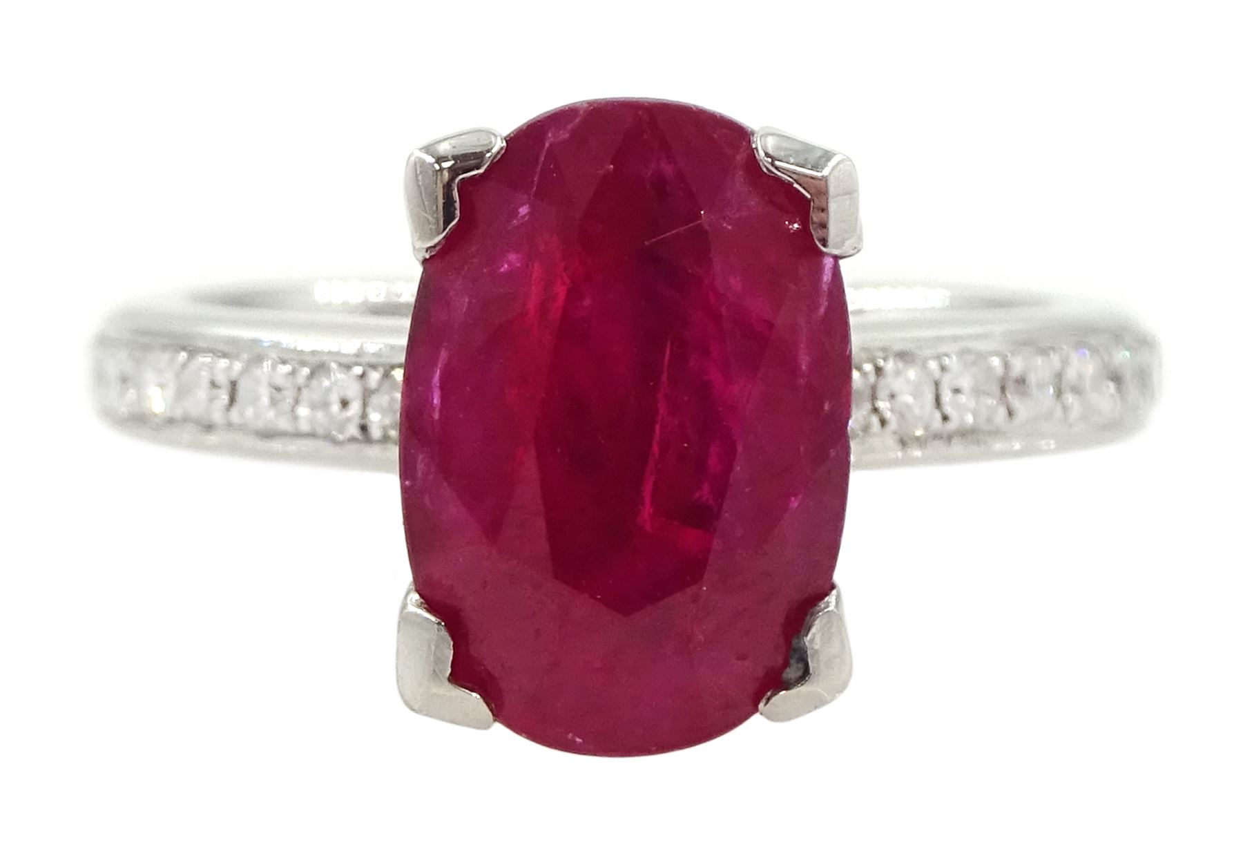 18ct white gold oval cut ruby ring, with channel set diamond shoulders, hallmarked, ruby approx 2.75 carat