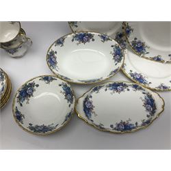 Royal Albert Moonlight Rose pattern tea service for six, comprising teacups and saucers, open sucrier, milk jug, dessert plates and cake plate, together with six other dinners wares in the same pattern