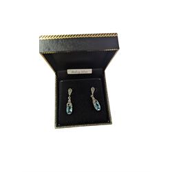 Pair of silver marcasite and blue stone pendant earrings, boxed 