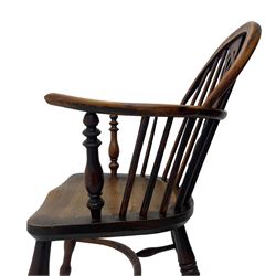 19th century yew wood and elm Windsor armchair, low double hoop stick and pierced splat back, dished seat on turned supports united by crinoline stretchers