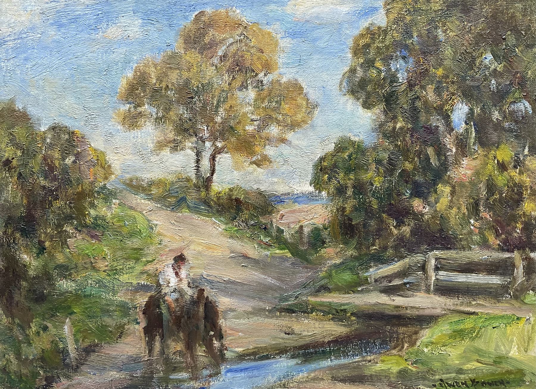 Owen Bowen (Staithes Group 1873-1967): Horse and Rider Watering by a Bridge, oil on board signed 29cm x 39cm