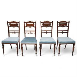 Edwardian inlaid mahogany and rosewood salon suite - two-seat sofa (W112cm, H90cm, D60cm); set of four side chairs (W44cm, H90cm); inlaid with scrolling foliate motifs, upholstered in light blue fabric, on turned supports inlaid with boxwood stringing