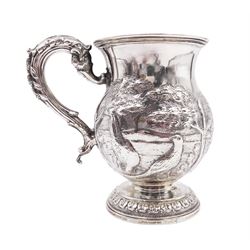 William IV silver christening mug, of waisted form, the body embossed with game birds in a countryside setting and a blank circular cartouche, with acanthus leaf capped scroll handle, upon a circular stepped foot, hallmarked Edward, Edward junior, John & William Barnard, London 1831, H10.2cm