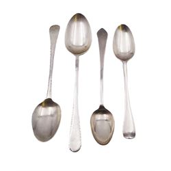 Four early 18th century American silver teaspoons, including two with oblique gadrooned border and one Hanoverian pattern, all stamped verso John Burt, probably John Burt of Boston, circa 1730