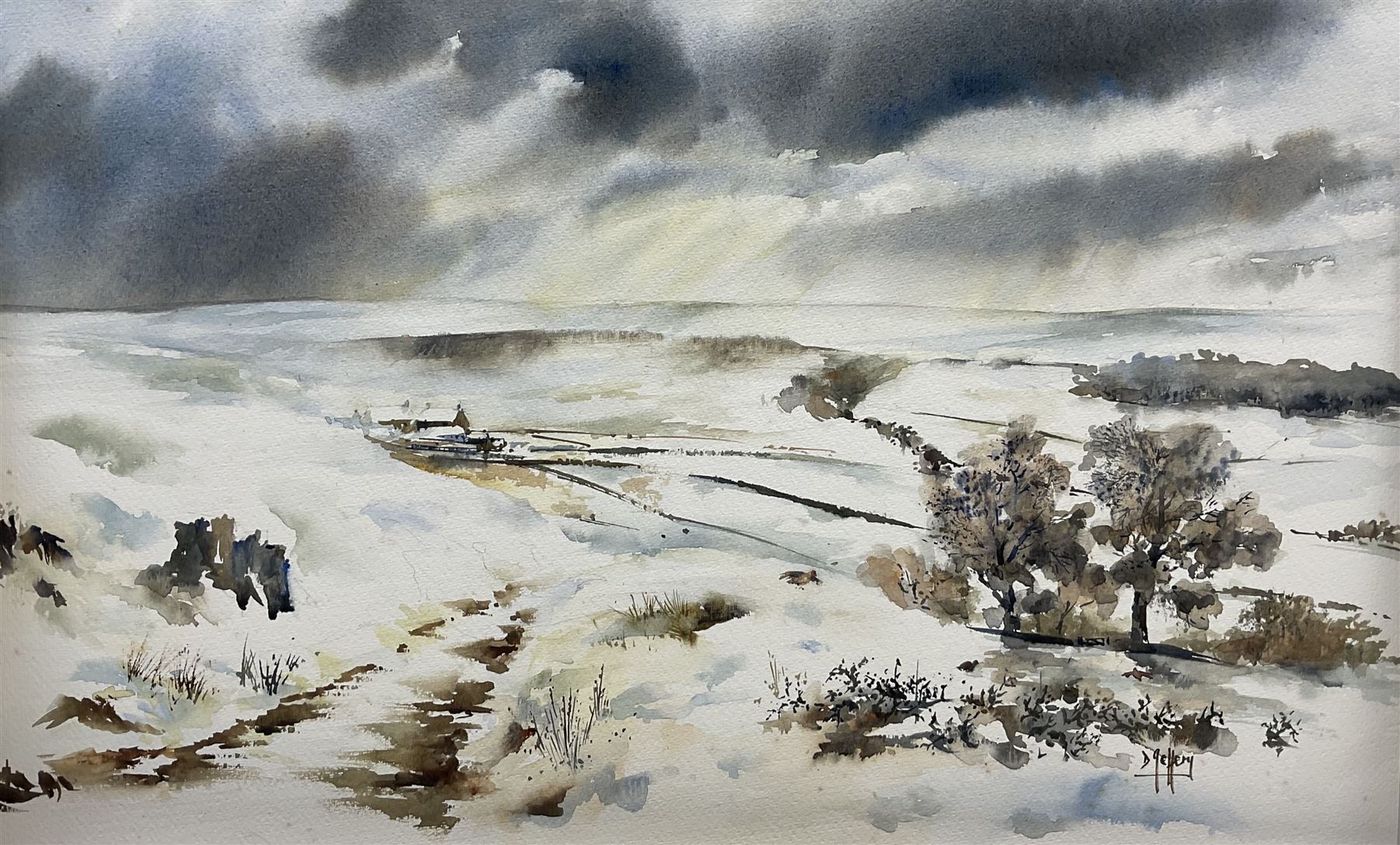 David Jeffrey (British 20th Century): Winter Landscape, watercolour signed 30cm x 48cm (unframed)