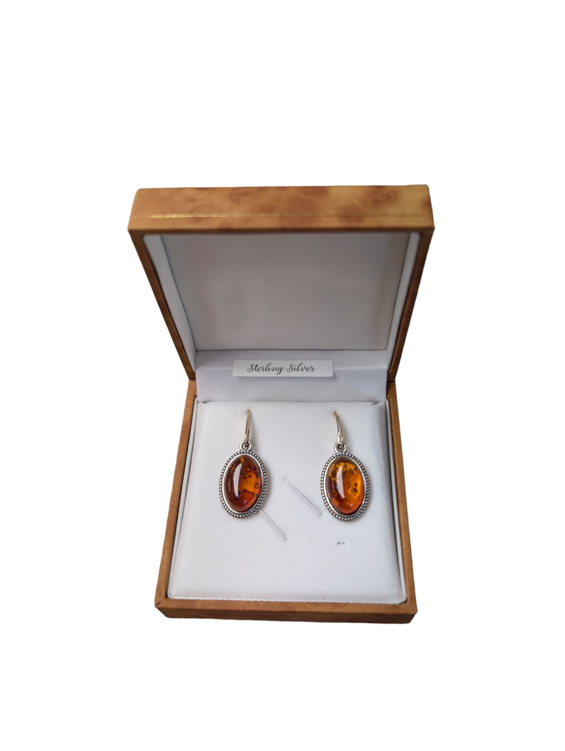 Pair of silver and Baltic amber oval pendant earrings, stamped, boxed 