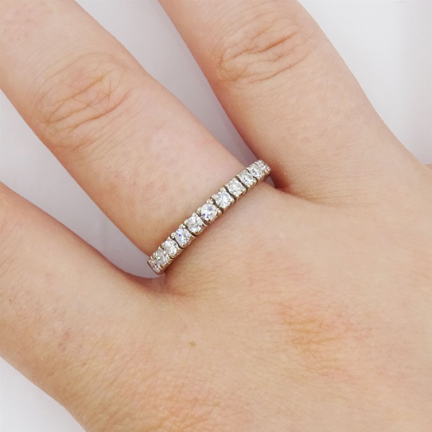 18ct white gold round cut diamond half eternity ring, Birmingham 1965, total diamond weight approx 0.35 carat 