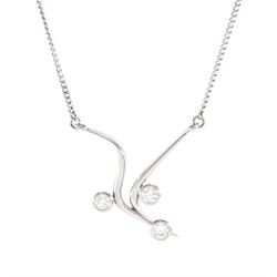 18ct white gold bezel set, three stone round brilliant cut diamond necklace, stamped 750, ...