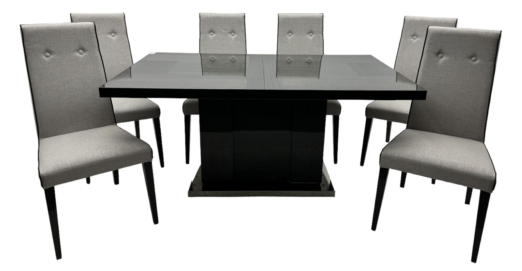 Alf Italia Monte Carlo - rectangular dining table, high gloss finish, pull-out action extending top with folding leaf (160cm - 210cm x 95cm, H76cm); together with a set of six high back chairs, upholstered in light grey buttoned fabric with darker grey piping 