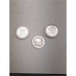 Three Queen Elizabeth II Isle of Man one ounce fine silver coins, comprising 2016, 2018 one angels and 2018 one noble 