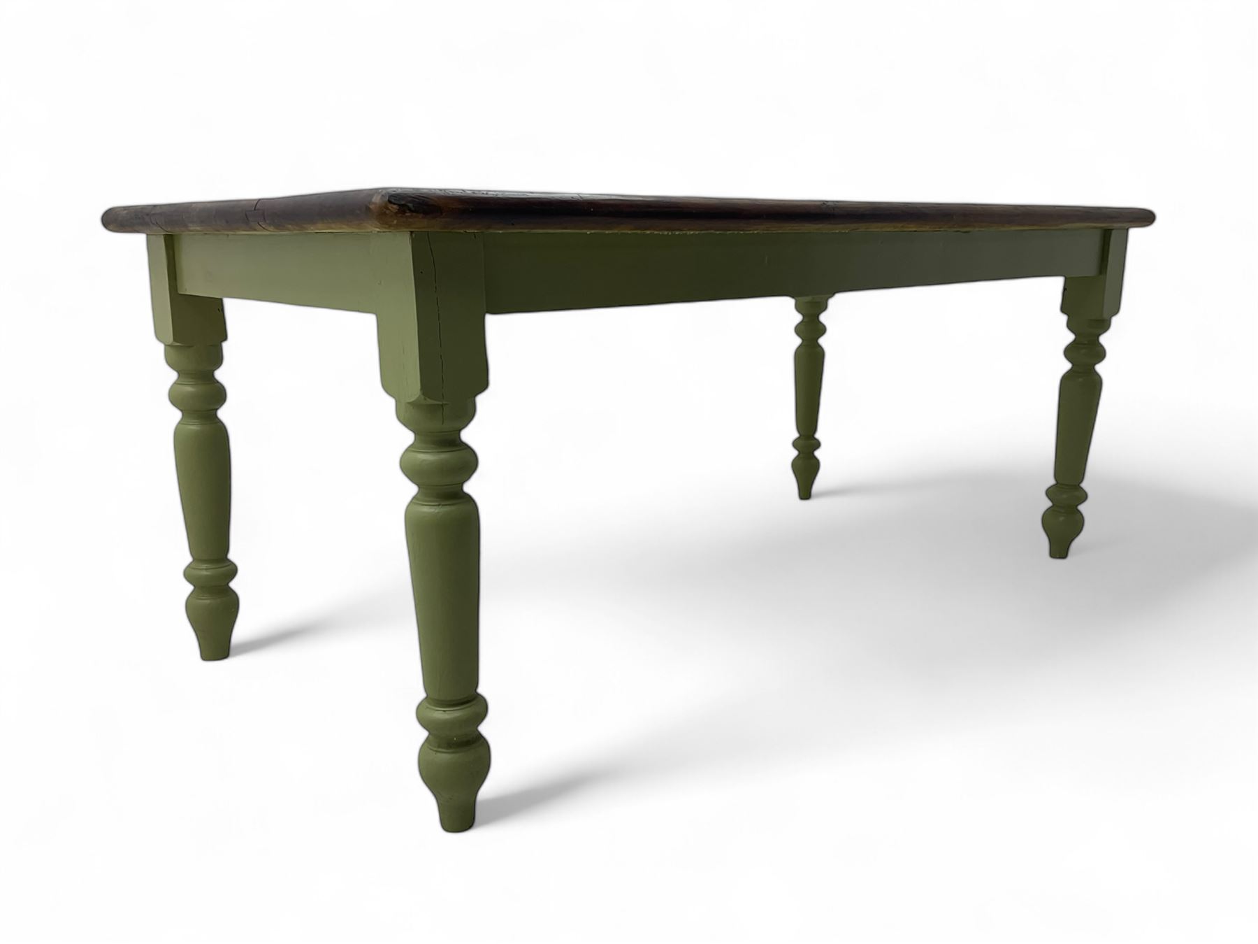 Hardwood dining table, rectangular top on laurel green painted base, fitted with turned supports 