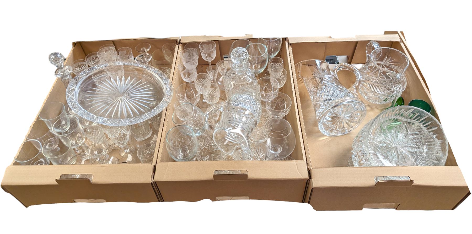 Two cut glass decanters, one with etched vine decoration, four Stuart Crystal Carlingford pattern Port glasses and a collection of other cut glass ware, in two boxes 