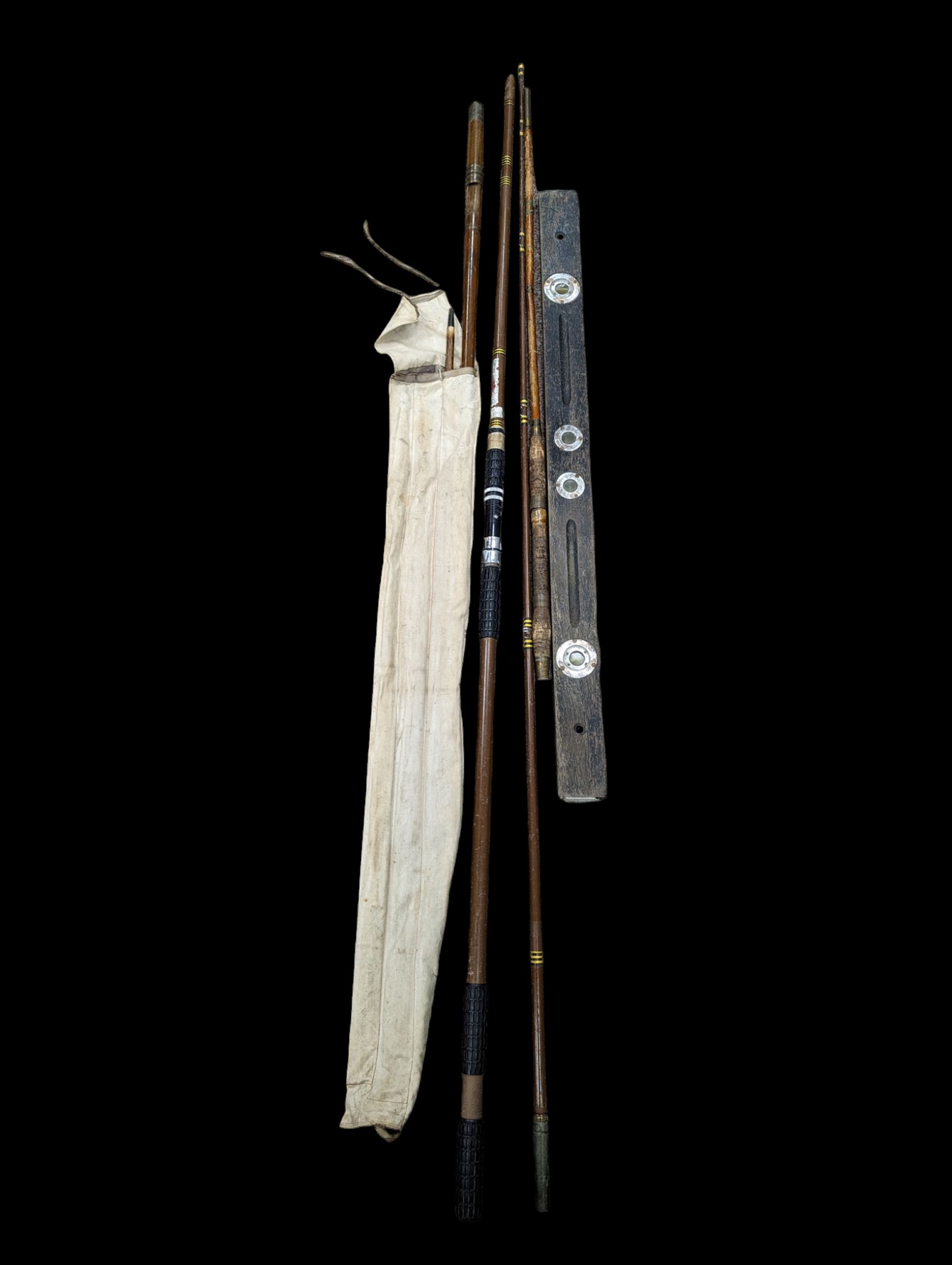 Split cane fishing rods and similar, including Essex example and a Marples wooden spirit level