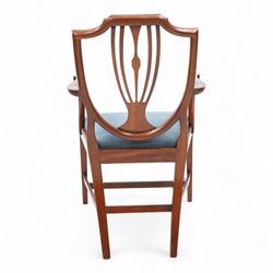 Set of twelve (10+2) Hepplewhite Revival mahogany dining chairs, moulded shield back with satinwood band, drop-in seat upholstered by Peter Silk of Helmsley, on square tapering supports united by H-stretchers 