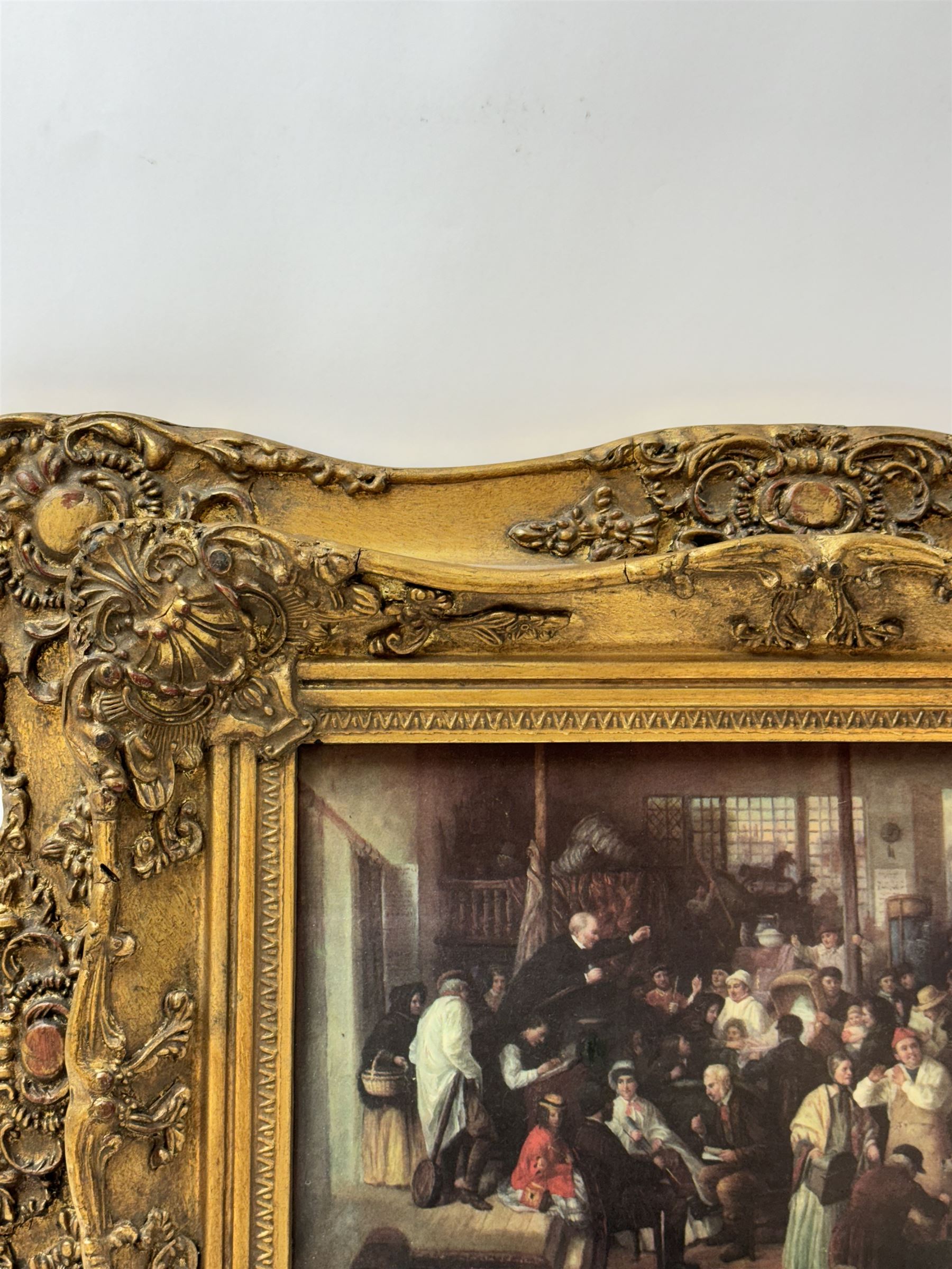 Transfer print on porcelain tile decorated with a market scene, signed lower right and stamped Vienna verso, set in a heavy gilt frame, H41cm, L54cm