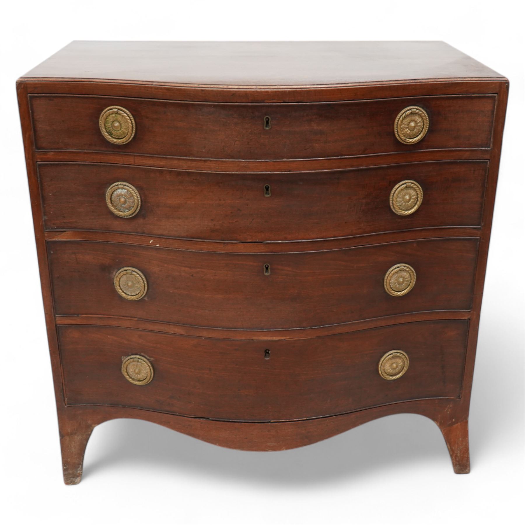 George III mahogany serpentine chest, moulded caddy top over four long graduating cock-beaded drawers, circular foliate and bead decorated handle plates with ring handles, on bracket feet