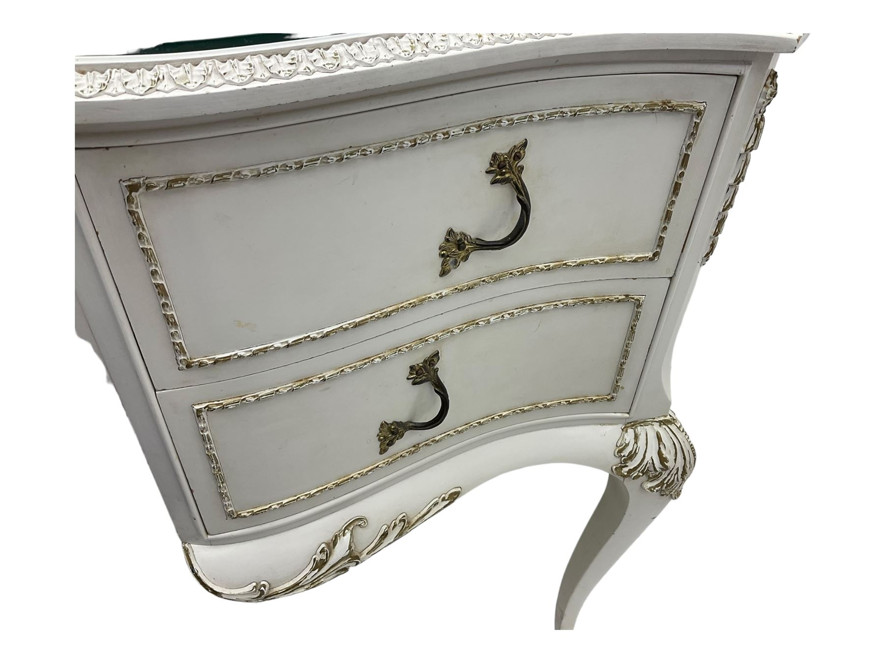 Mid 20th century French style dressing table, triple mirror back and serpentine front with gilt moulded edges, over five drawers with floral and foliate motifs, on cabriole supports; matching stool (2)