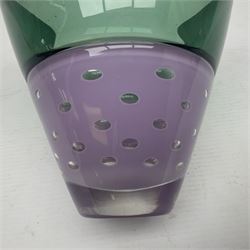 Stuart Akroyd glass vase, green banded top and purple opaque lower section with bubble inclusions, with sticker and engraved signature beneath, H15.5cm