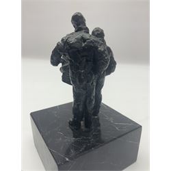 20th century bronze sculpture, modelled as two figures reading, upon a black and white marble base, H14cm