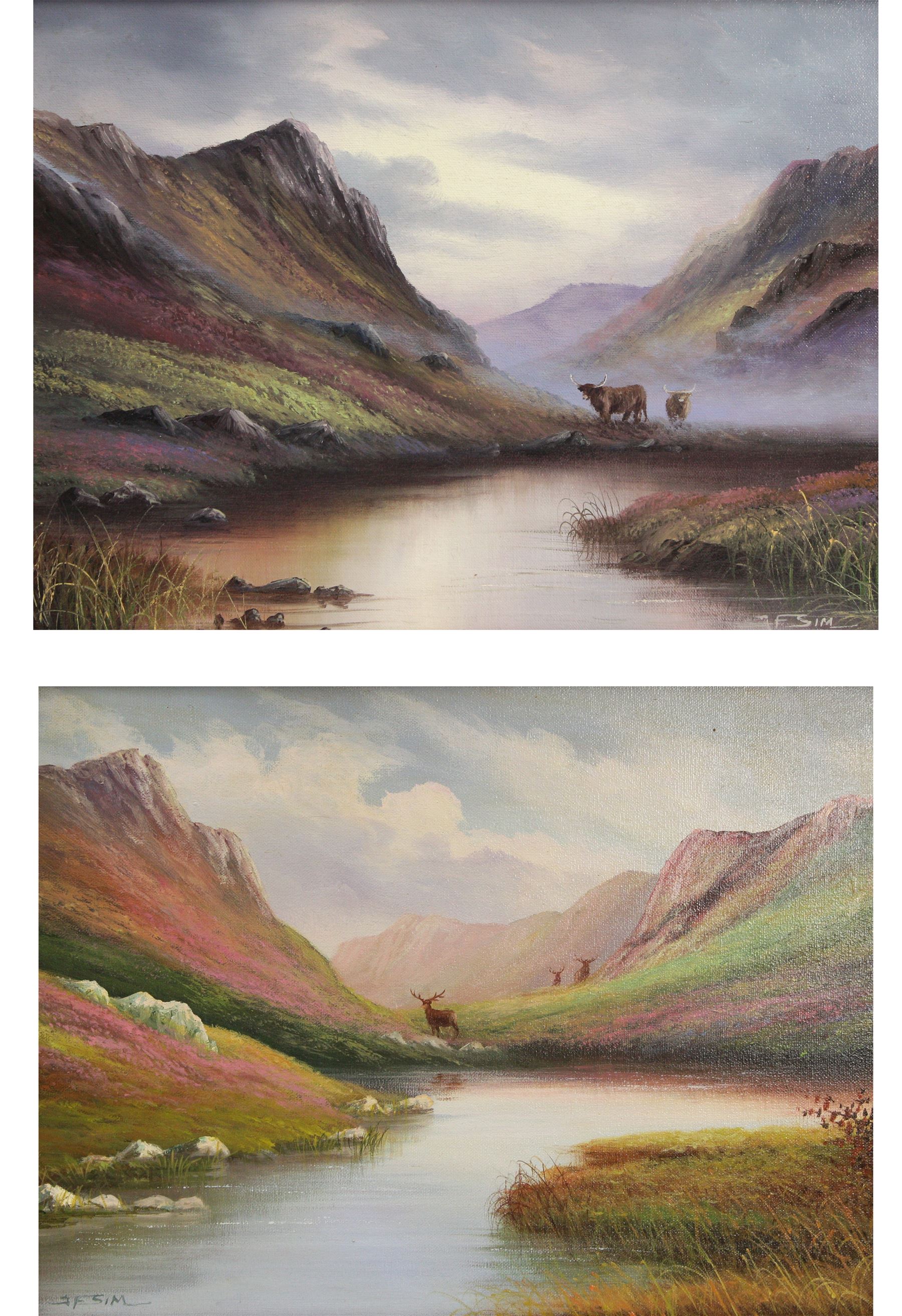 J F Sim (British 20th Century): Highland Scenes with Cattle and Stags, pair oils on canvas signed in matching gilt frames 29cm x 40cm (2)