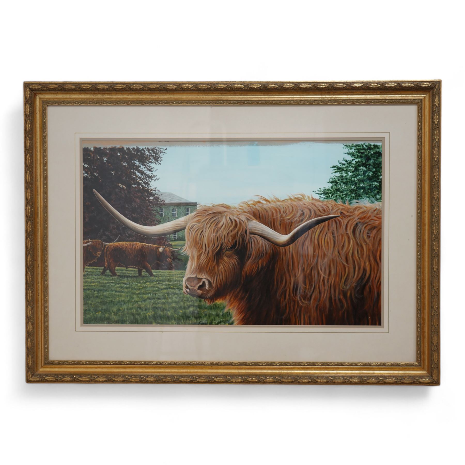 Richard Whittlestone (British 1963-): Highland Cattle with Copgrove Hall Beyond, acrylic on card signed and dated 1996, 51cm x 83cm