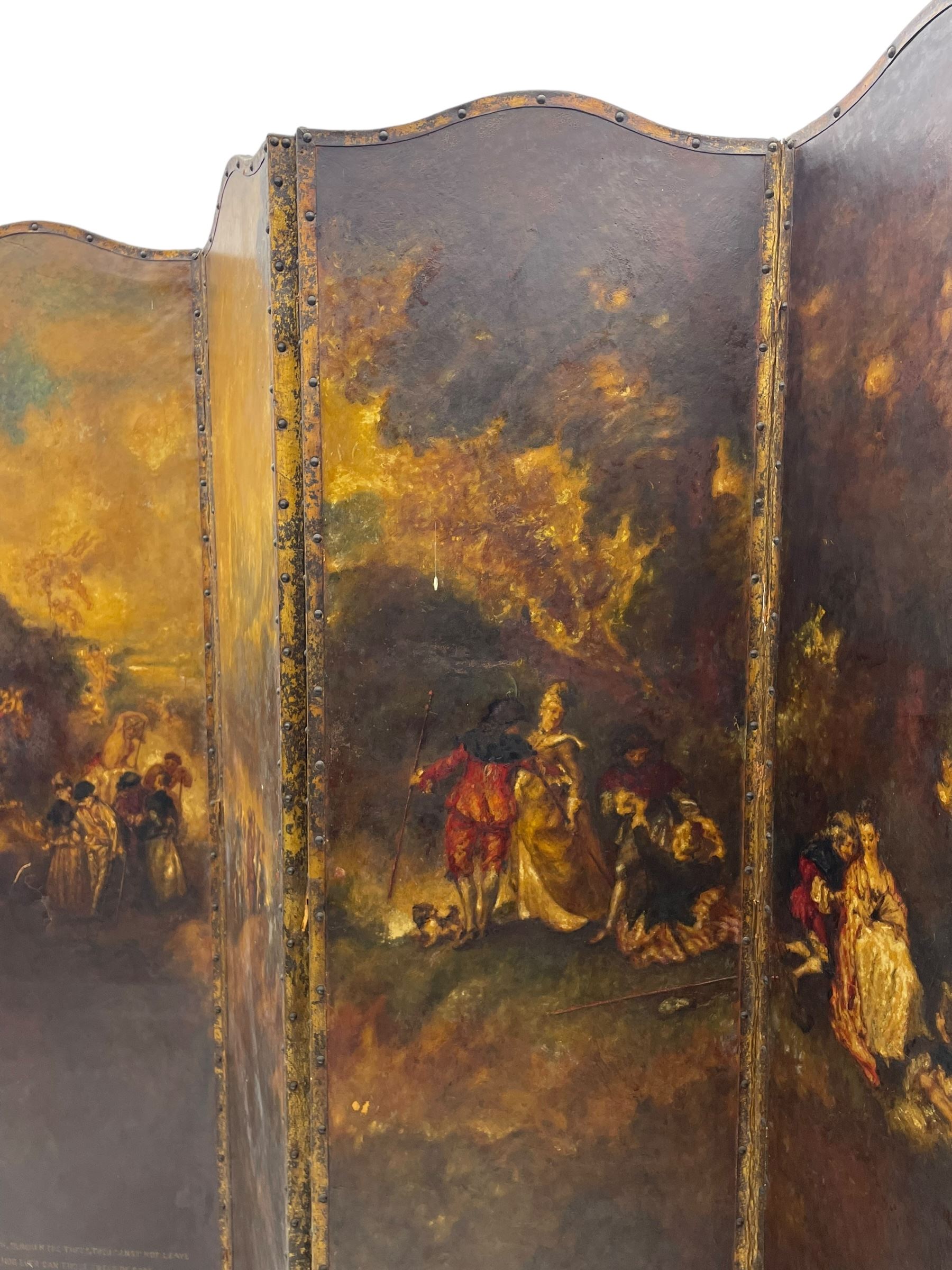 19th century four panel folding room screen, each leather panel painted with scenes from 'The Embarkation for Cythera' after Jean-Antoine Watteau (French 1684-1721), depicting a fête galante celebration with amorous couples and Cupids, with them a gilt statue of Venus, set within a classical capriccio landscape on the Greek island of Cythera, inscribed and titled verso with a verse from 'Ode on a Grecian Urn' by John Keats